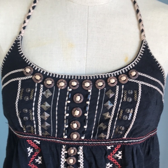 XXI black halter summer top with wooden beads size M boho gypsy hippie babydoll - Picture 3 of 16
